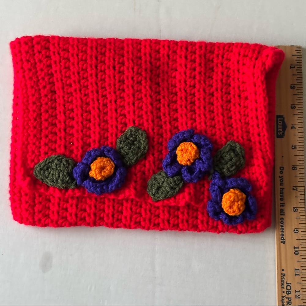 Handmade Knit Clutch Bag Fold Over Red w/ Crochet Blue Flowers Boho Pouch - Picture 3 of 8